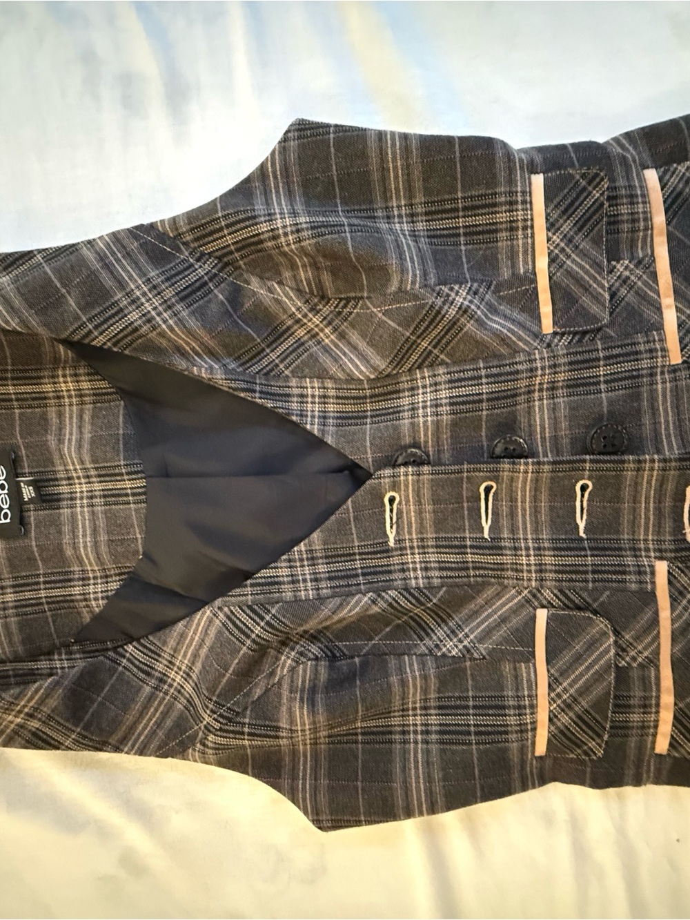 bebe Men's Gray Plaid Vest with Tan Trim